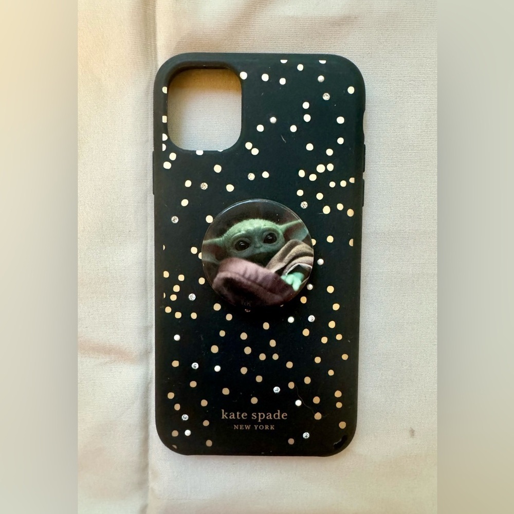 iPhone 11 Kate Spade black phone case disco dots and‎ The Child pop socket